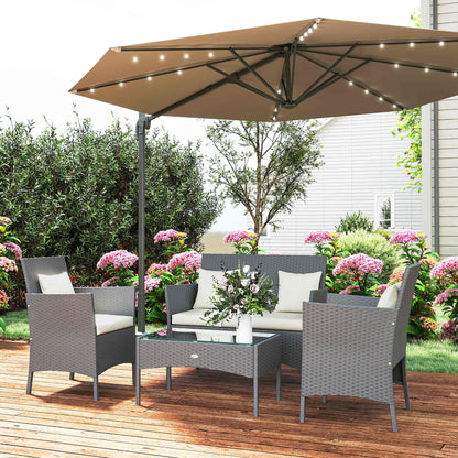 Synthetic Rattan Garden Furniture Set 4-Piece Outdoor Furniture Set with 2 Chairs 1 Double Sofa 1 Coffee Table with Glass Top and Cushions Black and Cream