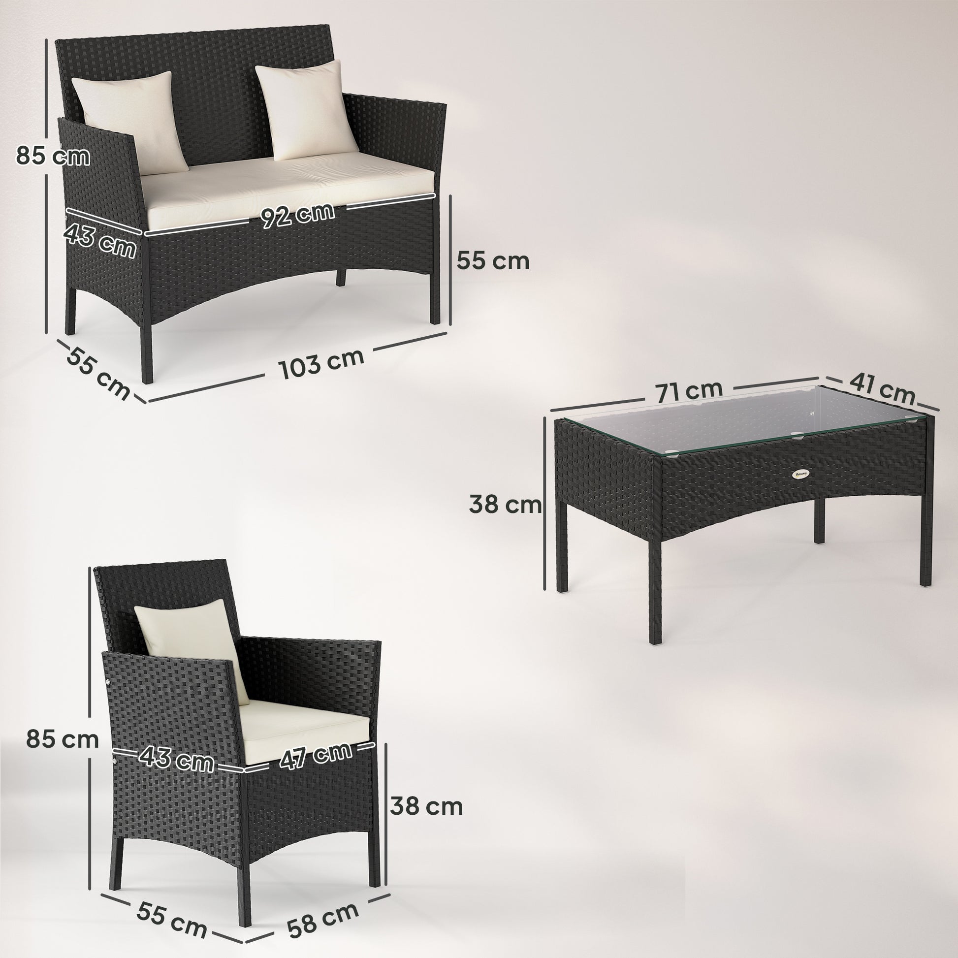 Synthetic Rattan Garden Furniture Set 4-Piece Outdoor Furniture Set with 2 Chairs 1 Double Sofa 1 Coffee Table with Glass Top and Cushions Black and Cream