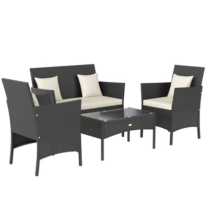 Synthetic Rattan Garden Furniture Set 4-Piece Outdoor Furniture Set with 2 Chairs 1 Double Sofa 1 Coffee Table with Glass Top and Cushions Black and Cream