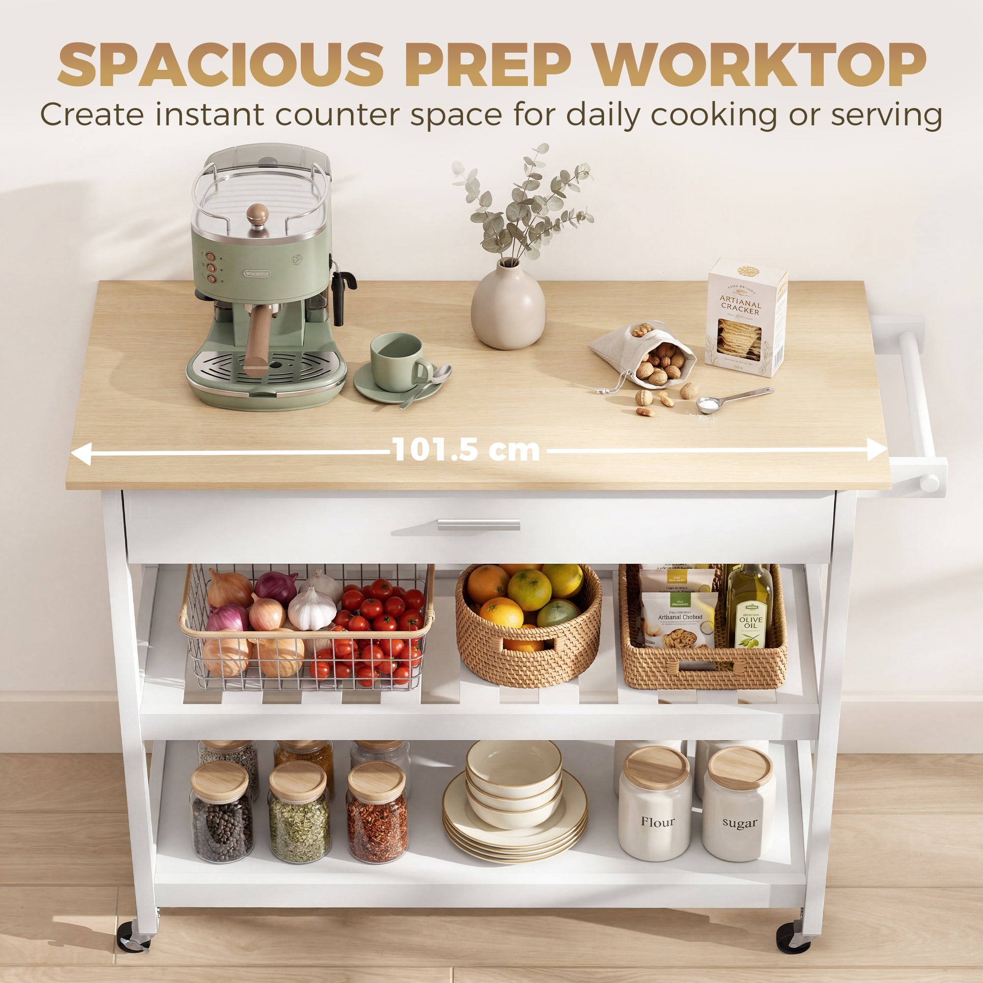 3-Tier Serving Cart with Large Worktop, Drawer & 2 Open Shelves, Towel Rack, Rolling Kitchen Trolley, White — 108.8 x 51 x 92.5 cm (42.8 x 20.1 x 36.4 in)