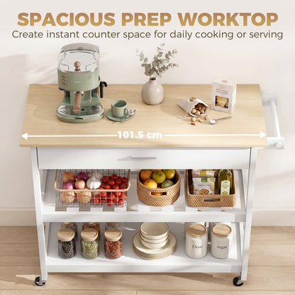 3-Tier Serving Cart with Large Worktop, Drawer & 2 Open Shelves, Towel Rack, Rolling Kitchen Trolley, White — 108.8 x 51 x 92.5 cm (42.8 x 20.1 x 36.4 in)