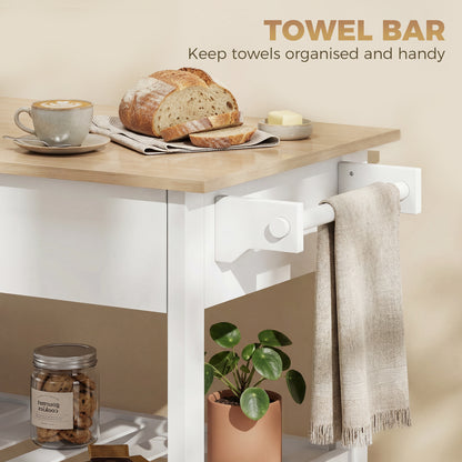 3-Tier Serving Cart with Large Worktop, Drawer & 2 Open Shelves, Towel Rack, Rolling Kitchen Trolley, White — 108.8 x 51 x 92.5 cm (42.8 x 20.1 x 36.4 in)