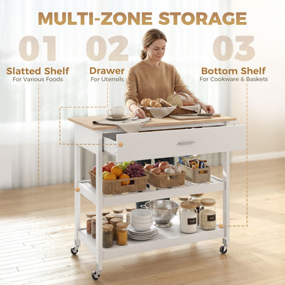 3-Tier Serving Cart with Large Worktop, Drawer & 2 Open Shelves, Towel Rack, Rolling Kitchen Trolley, White — 108.8 x 51 x 92.5 cm (42.8 x 20.1 x 36.4 in)