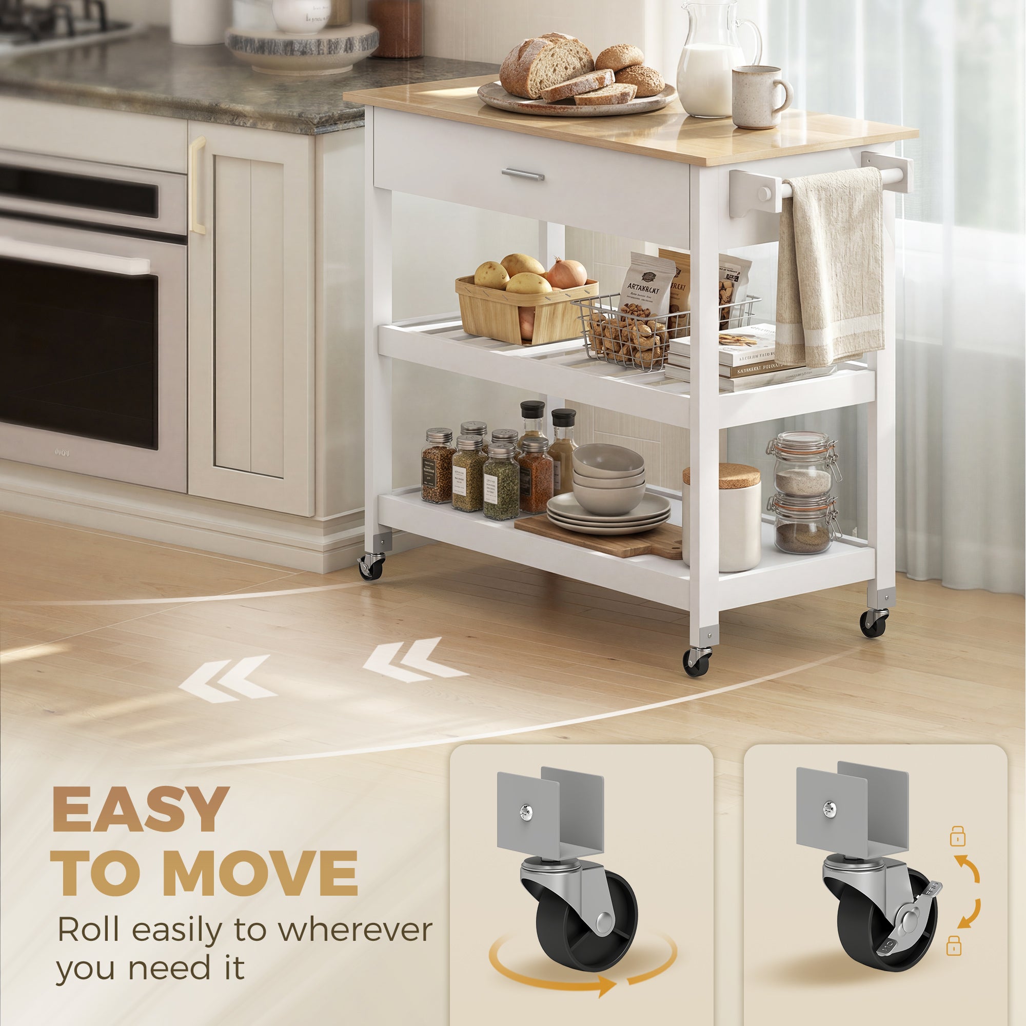 3-Tier Serving Cart with Large Worktop, Drawer & 2 Open Shelves, Towel Rack, Rolling Kitchen Trolley, White — 108.8 x 51 x 92.5 cm (42.8 x 20.1 x 36.4 in)