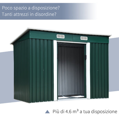 Garden Tool Shed in Steel, Storage Shed with 2 Sliding Doors, 261x131x160/182cm, Green