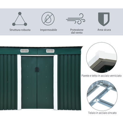 Garden Tool Shed in Steel, Storage Shed with 2 Sliding Doors, 261x131x160/182cm, Green