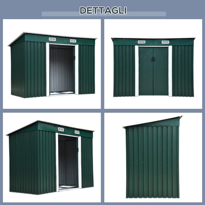 Garden Tool Shed in Steel, Storage Shed with 2 Sliding Doors, 261x131x160/182cm, Green