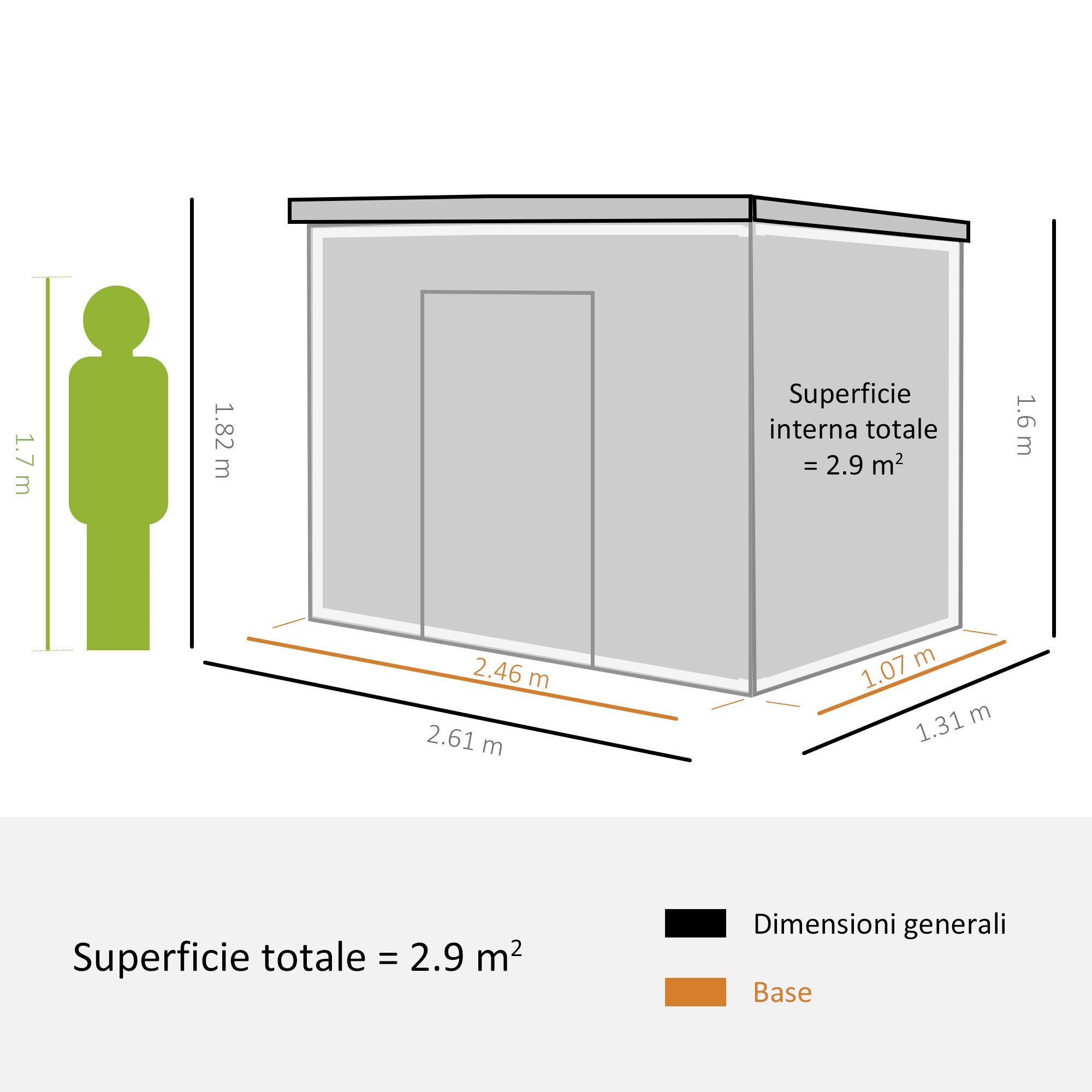 Garden Tool Shed in Steel, Storage Shed with 2 Sliding Doors, 261x131x160/182cm, Green