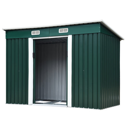 Garden Tool Shed in Steel, Storage Shed with 2 Sliding Doors, 261x131x160/182cm, Green