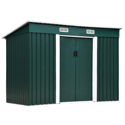 Garden Tool Shed in Steel, Storage Shed with 2 Sliding Doors, 261x131x160/182cm, Green