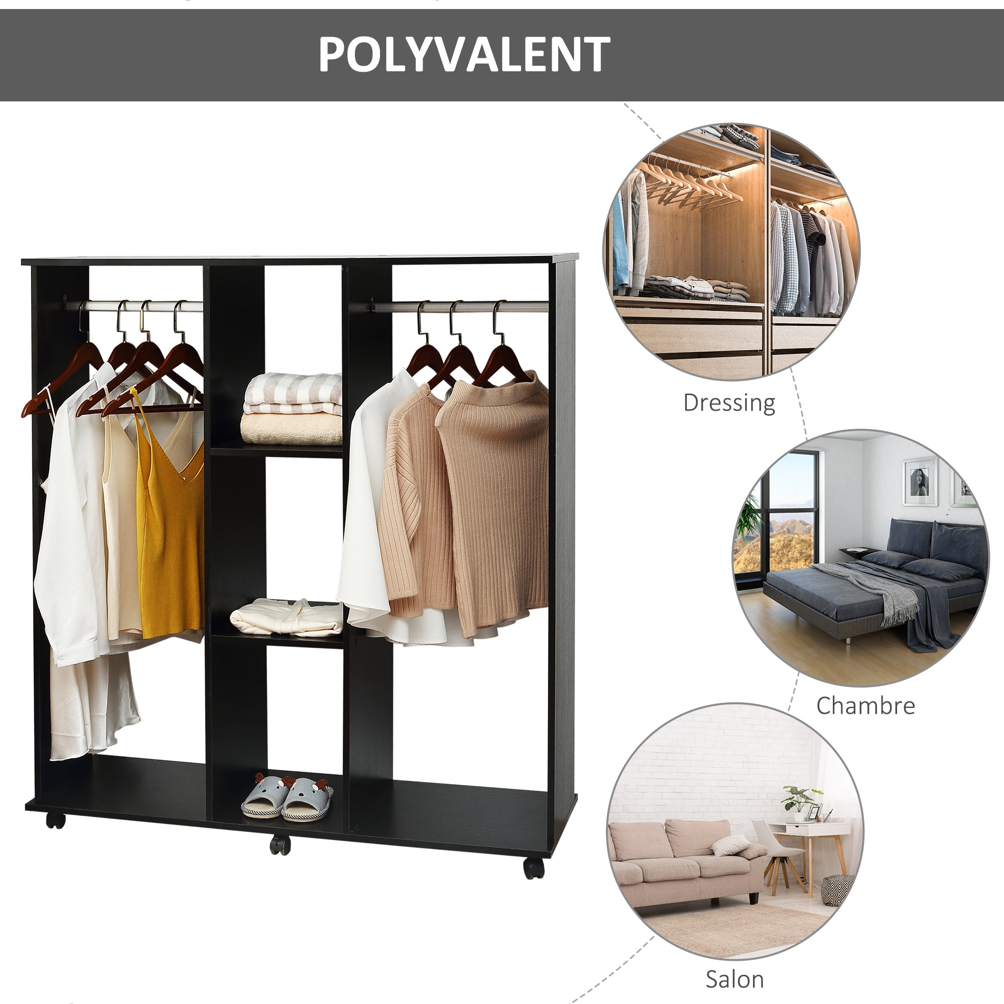 Mobile Storage Wardrobe Closet 6 Wheels 120L x 40W x 128H cm Wood Black