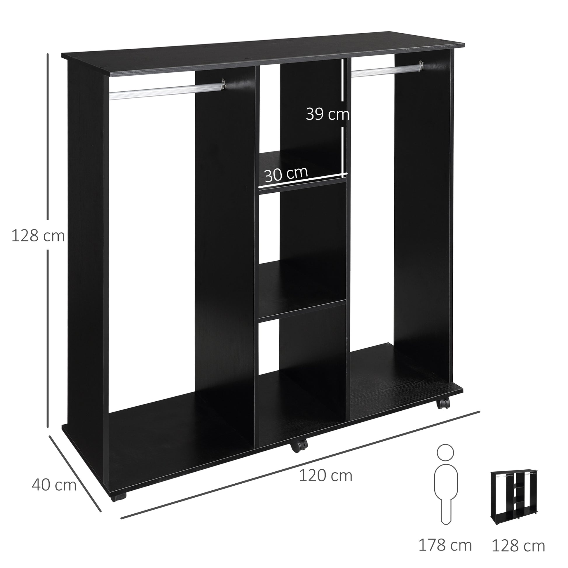 Mobile Storage Wardrobe Closet 6 Wheels 120L x 40W x 128H cm Wood Black