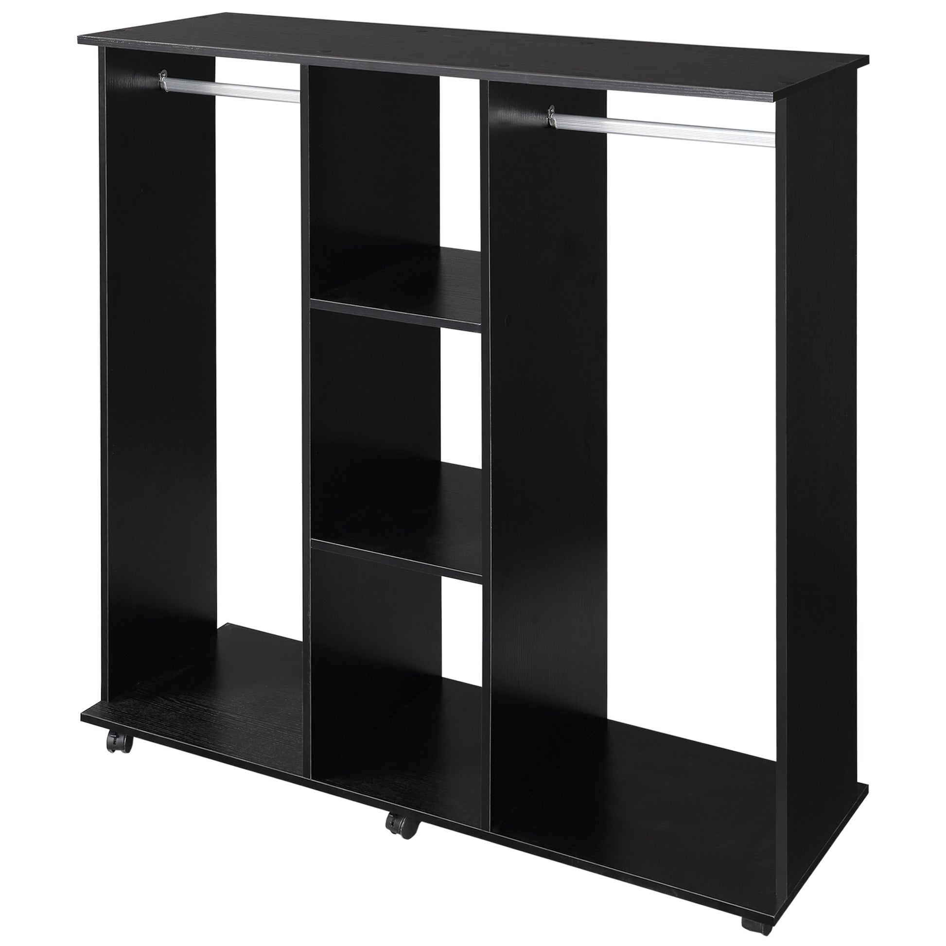 Mobile Storage Wardrobe Closet 6 Wheels 120L x 40W x 128H cm Wood Black