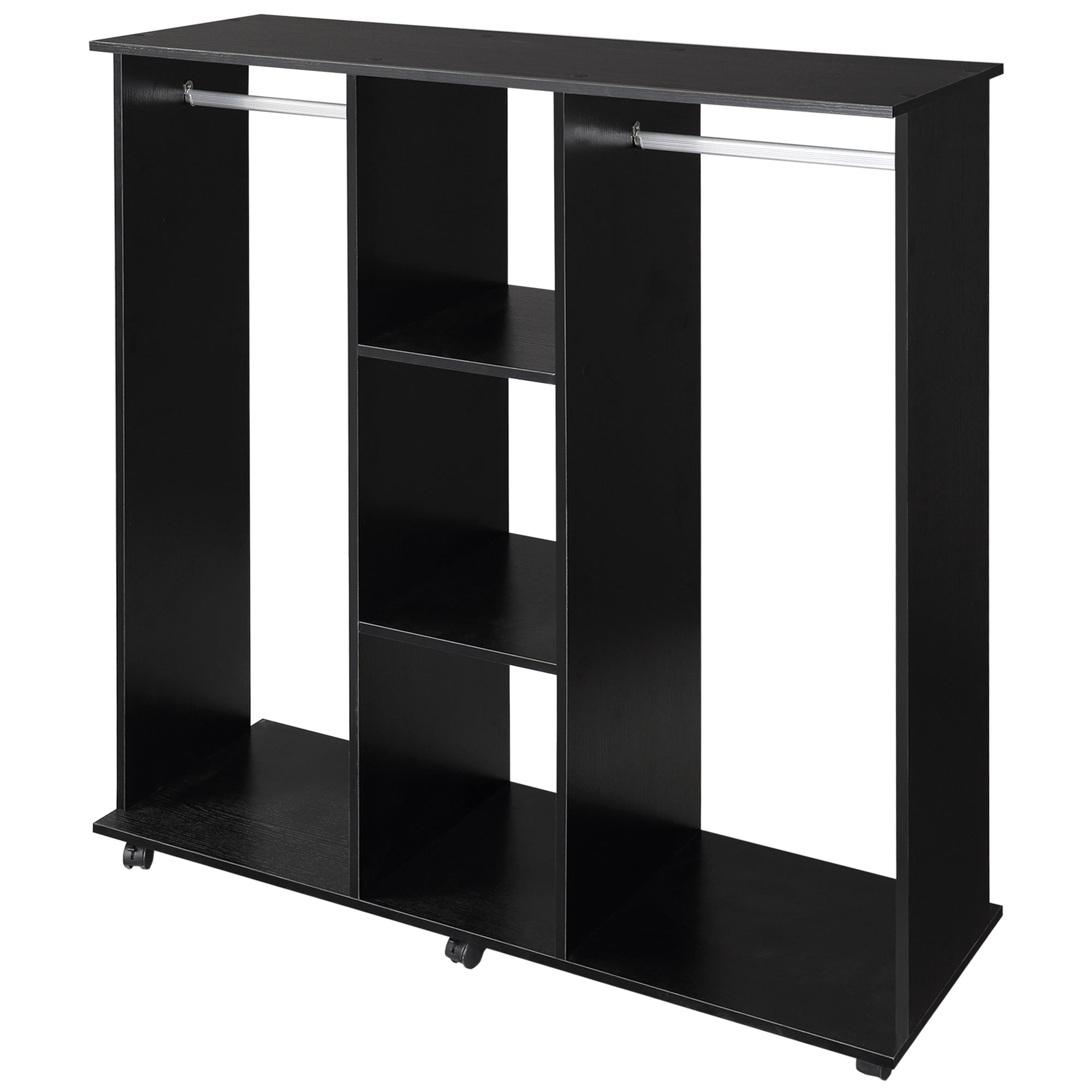 Mobile Storage Wardrobe Closet 6 Wheels 120L x 40W x 128H cm Wood Black