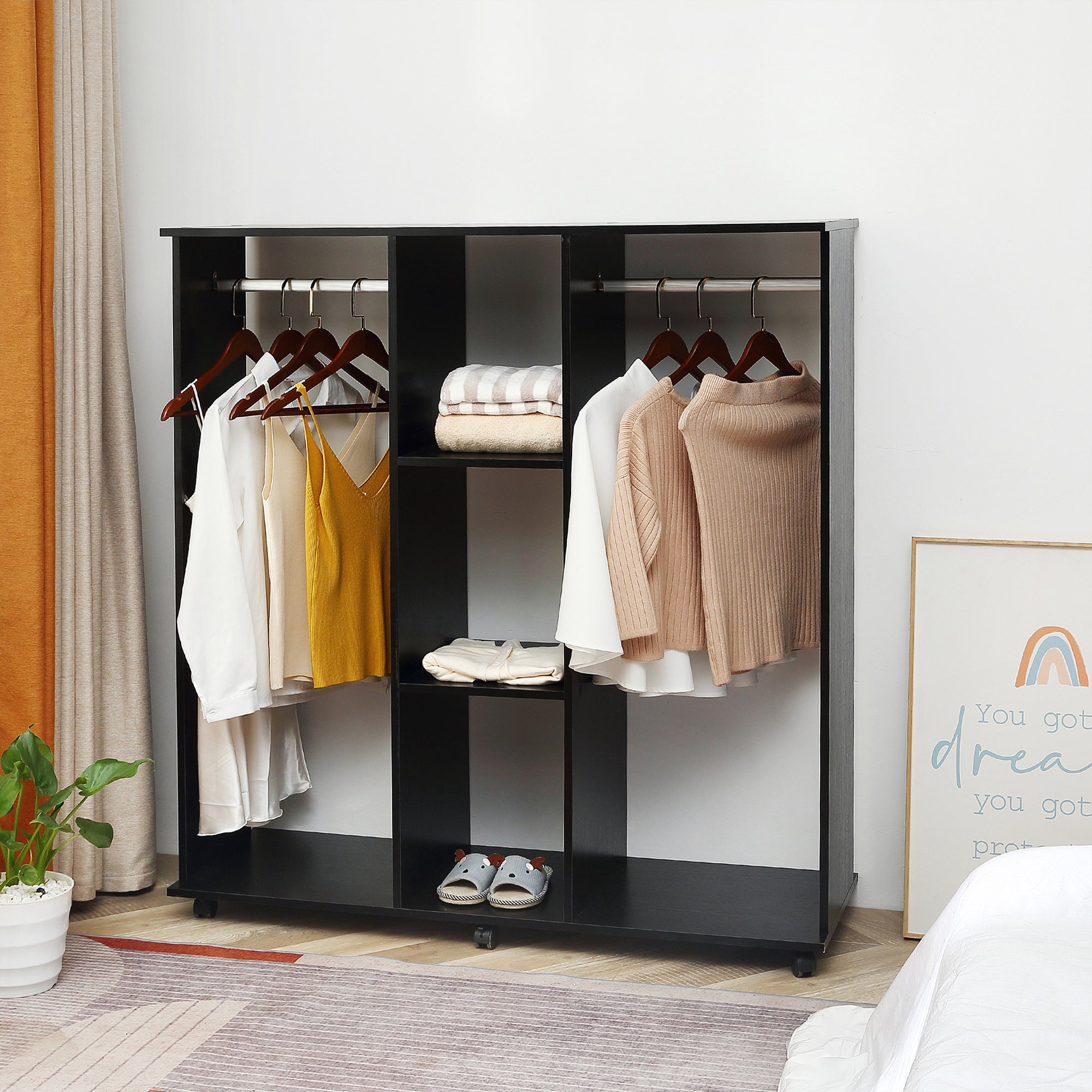 Mobile Storage Wardrobe Closet 6 Wheels 120L x 40W x 128H cm Wood Black