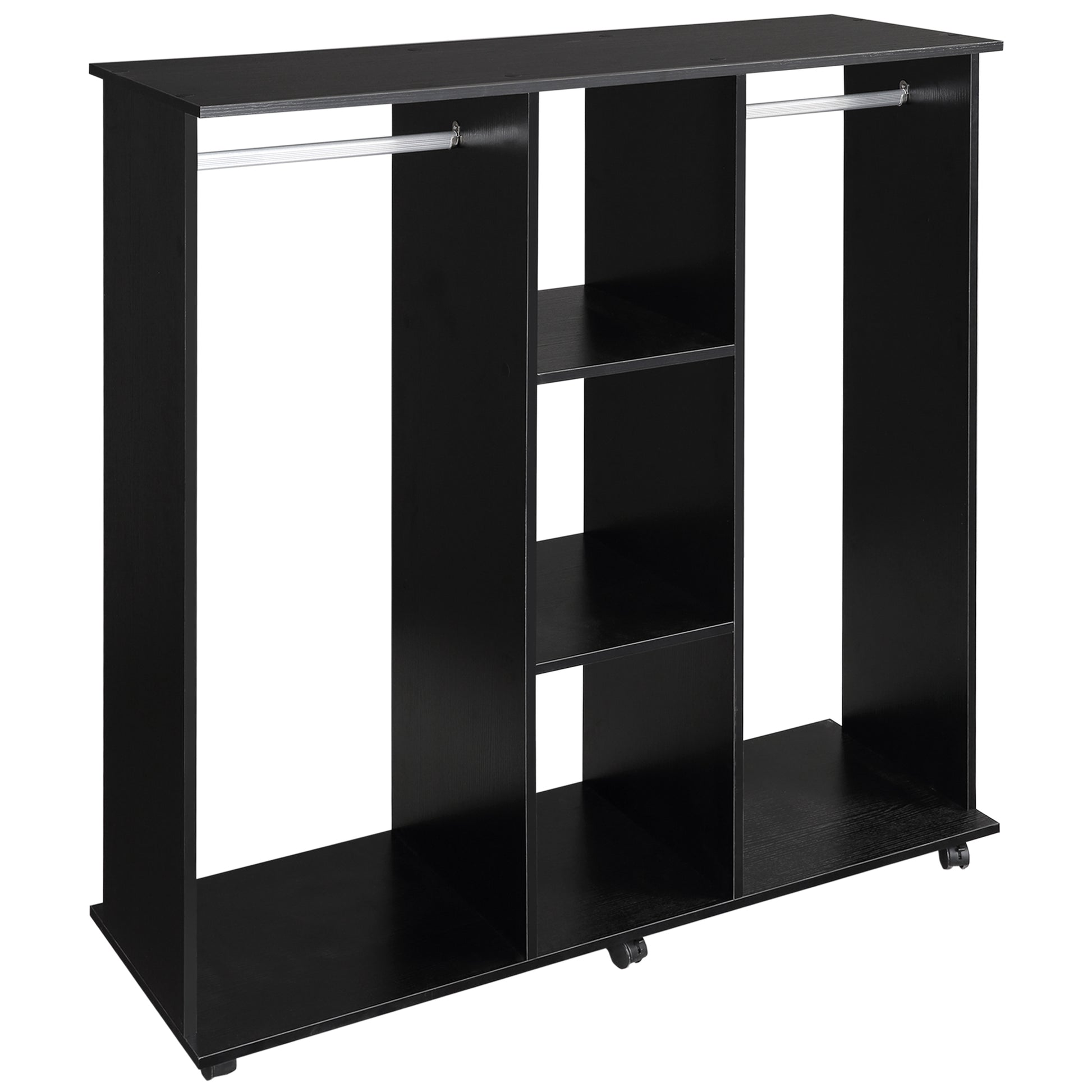 Mobile Storage Wardrobe Closet 6 Wheels 120L x 40W x 128H cm Wood Black