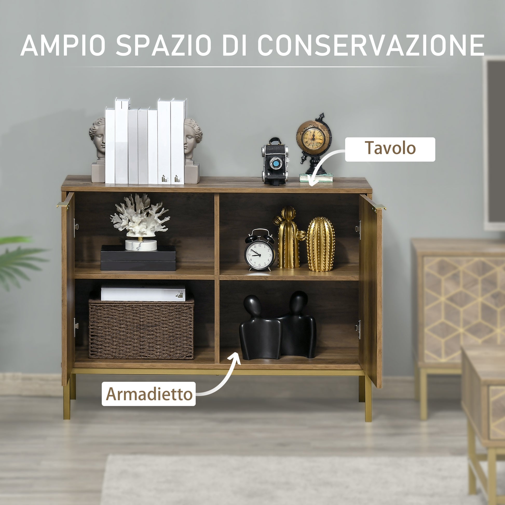 Entryway and Living Room Wooden 2-Door Buffet, Modern Sideboard with Gold Decors and Steel Legs, 99x39x75.5cm