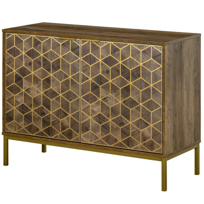 Entryway and Living Room Wooden 2-Door Buffet, Modern Sideboard with Gold Decors and Steel Legs, 99x39x75.5cm