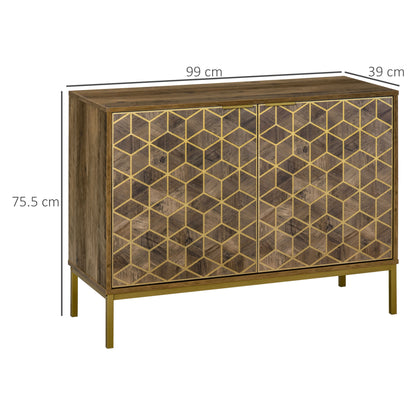 Entryway and Living Room Wooden 2-Door Buffet, Modern Sideboard with Gold Decors and Steel Legs, 99x39x75.5cm