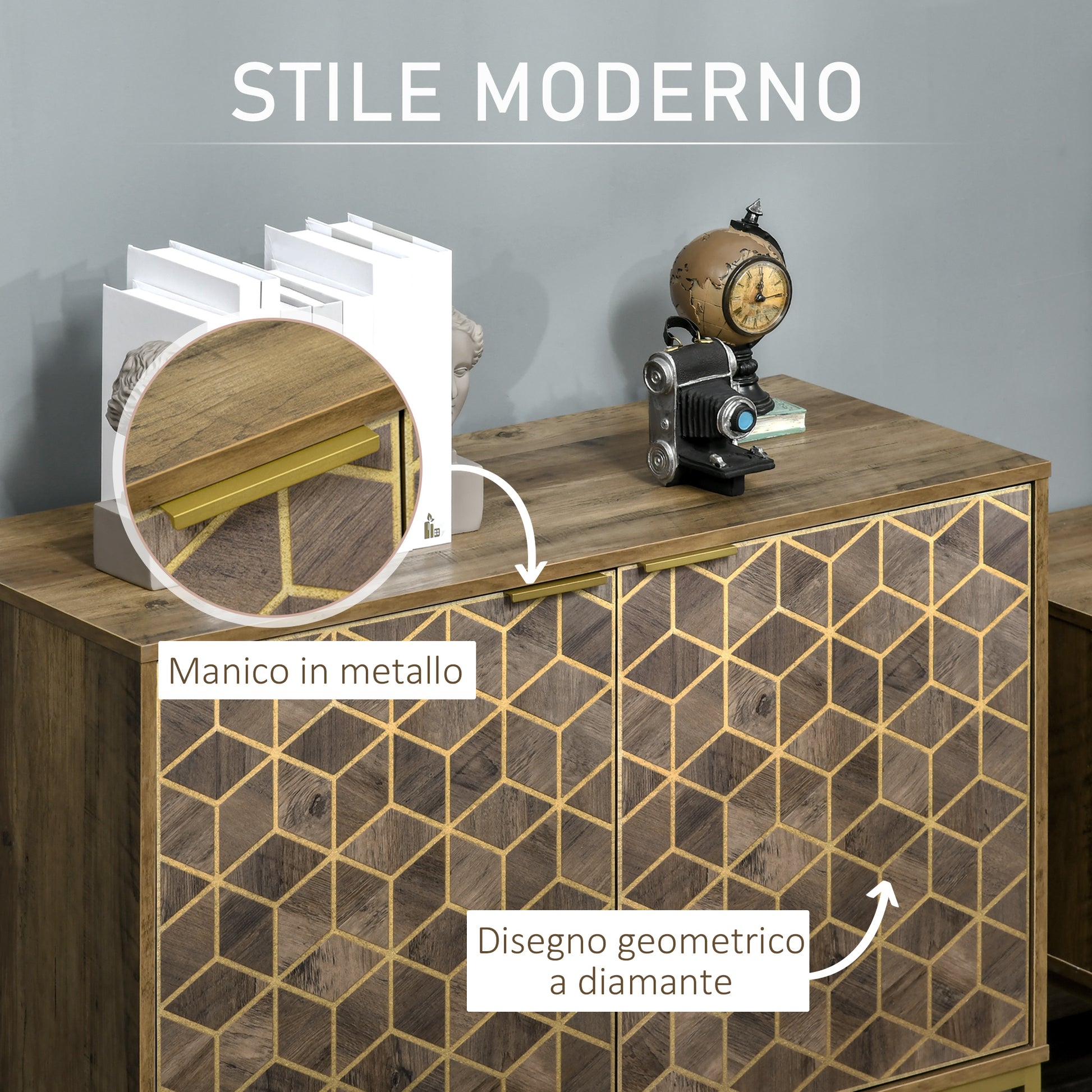 Entryway and Living Room Wooden 2-Door Buffet, Modern Sideboard with Gold Decors and Steel Legs, 99x39x75.5cm