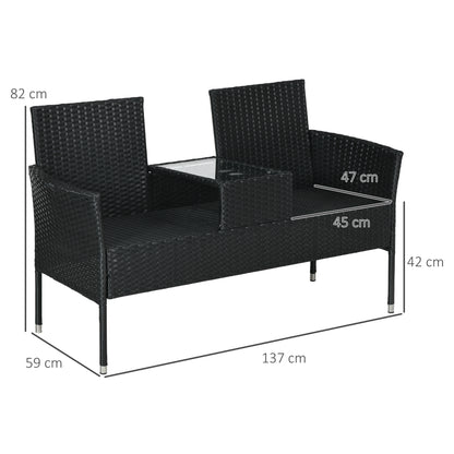 2-Seater Garden Bench with Central Coffee Table, PE Rattan Loveseat, Steel and Polyester, 137x59x82 cm, Black