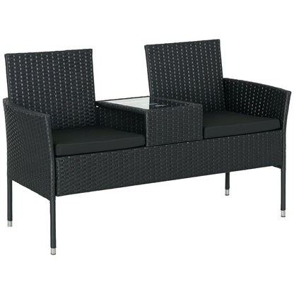 2-Seater Garden Bench with Central Coffee Table, PE Rattan Loveseat, Steel and Polyester, 137x59x82 cm, Black