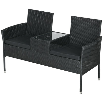 2-Seater Garden Bench with Central Coffee Table, PE Rattan Loveseat, Steel and Polyester, 137x59x82 cm, Black