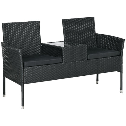 2-Seater Garden Bench with Central Coffee Table, PE Rattan Loveseat, Steel and Polyester, 137x59x82 cm, Black