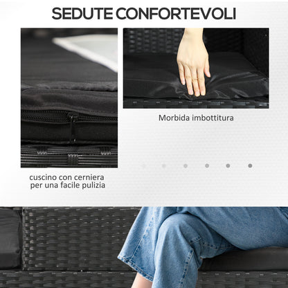 2-Seater Garden Bench with Central Coffee Table, PE Rattan Loveseat, Steel and Polyester, 137x59x82 cm, Black