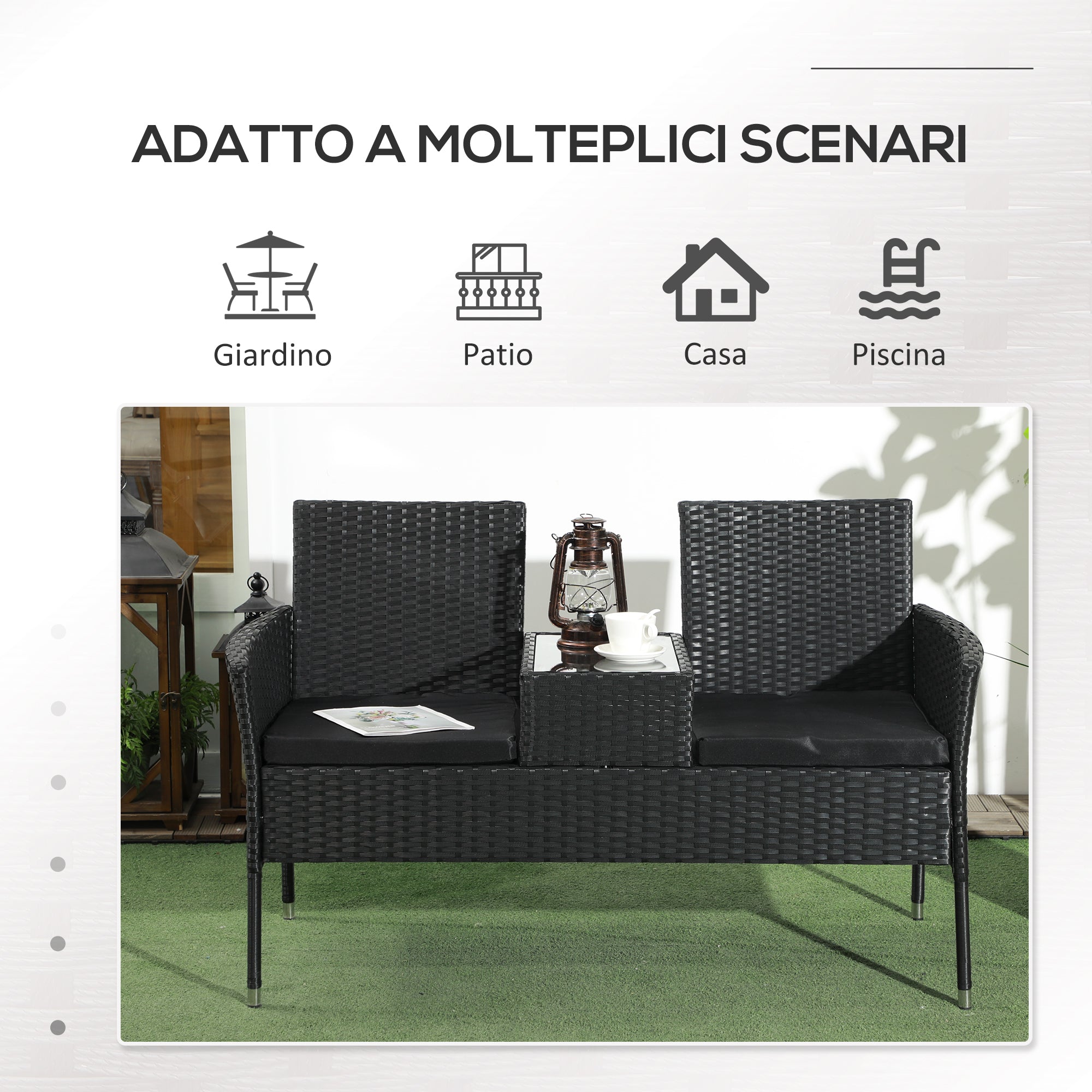 2-Seater Garden Bench with Central Coffee Table, PE Rattan Loveseat, Steel and Polyester, 137x59x82 cm, Black