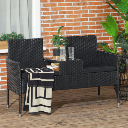 2-Seater Garden Bench with Central Coffee Table, PE Rattan Loveseat, Steel and Polyester, 137x59x82 cm, Black