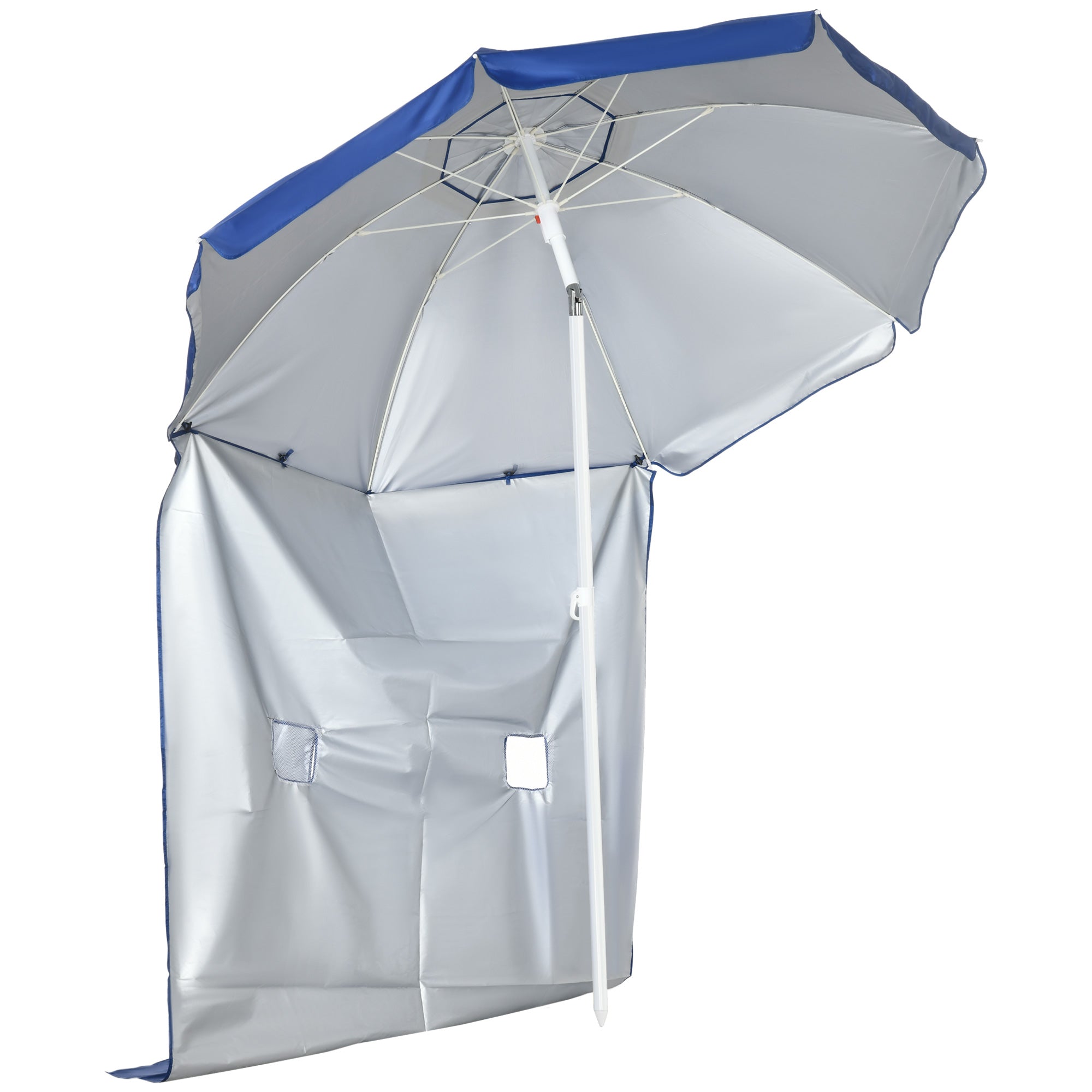 Beach Umbrella with Side Panel Ø191x211 cm Patio Umbrella with Manual Crank Tilt Canopy, 2 Pockets, and 2 Windows for Garden Pool Blue