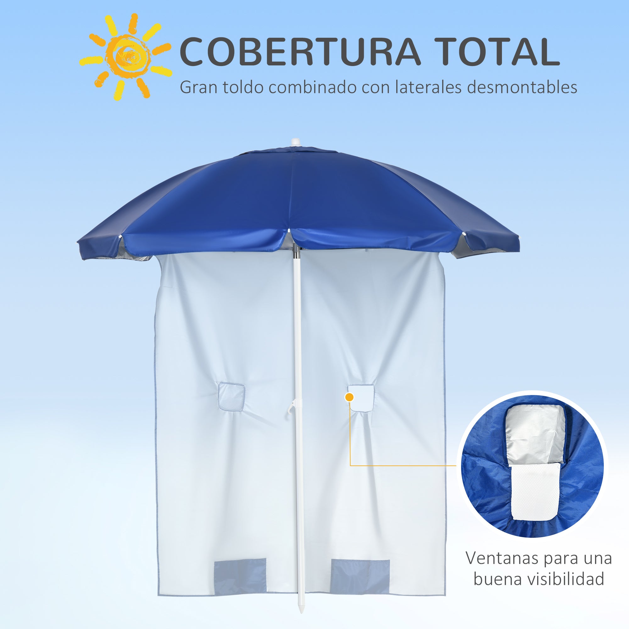 Beach Umbrella with Side Panel Ø191x211 cm Patio Umbrella with Manual Crank Tilt Canopy, 2 Pockets, and 2 Windows for Garden Pool Blue