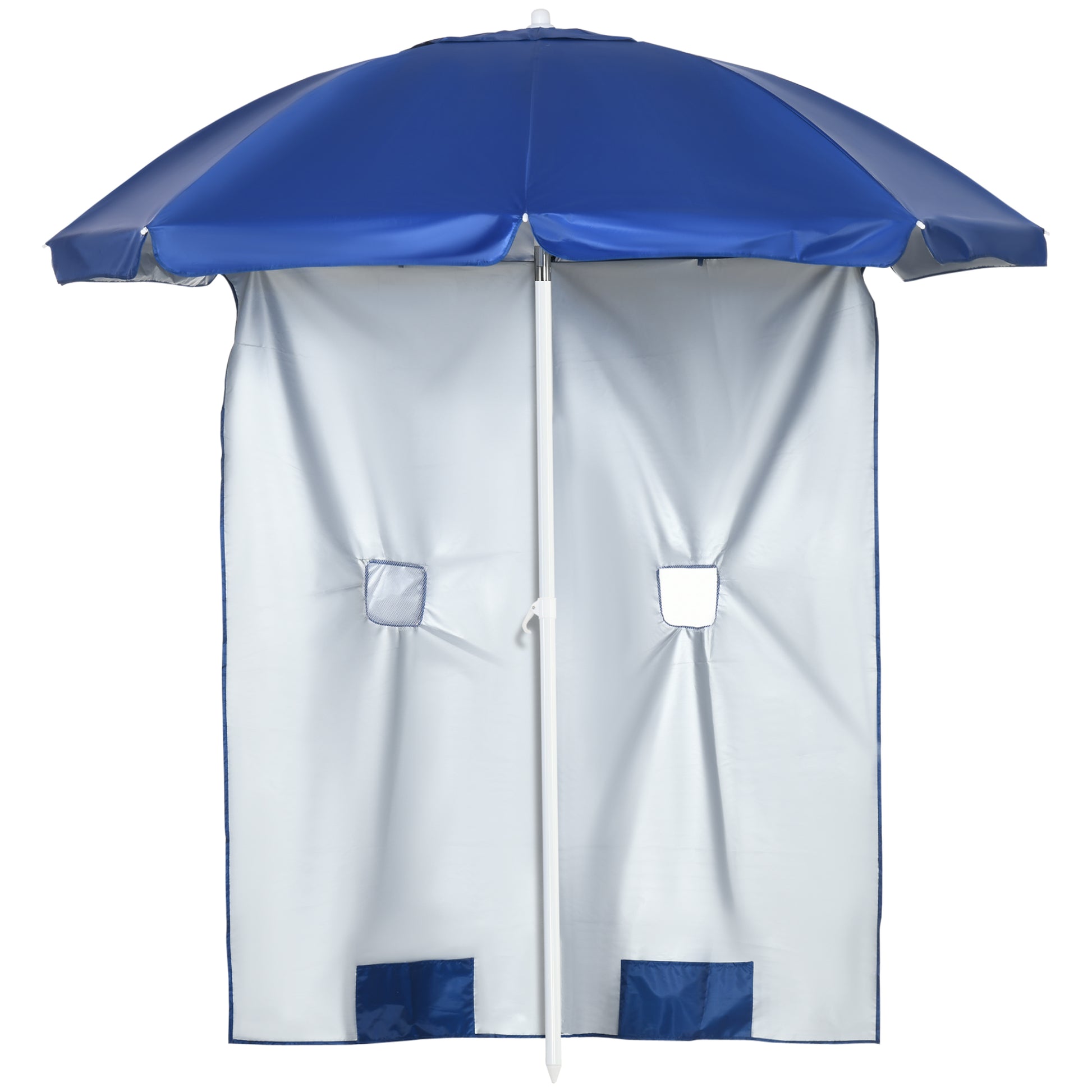 Beach Umbrella with Side Panel Ø191x211 cm Patio Umbrella with Manual Crank Tilt Canopy, 2 Pockets, and 2 Windows for Garden Pool Blue