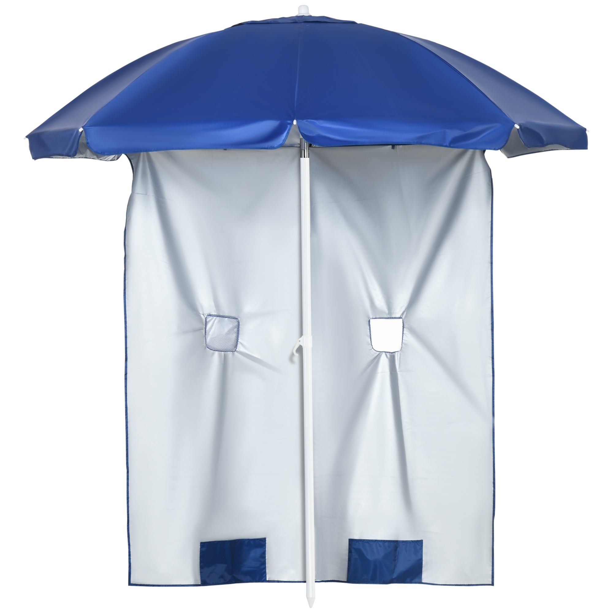 Beach Umbrella with Side Panel Ø191x211 cm Patio Umbrella with Manual Crank Tilt Canopy, 2 Pockets, and 2 Windows for Garden Pool Blue