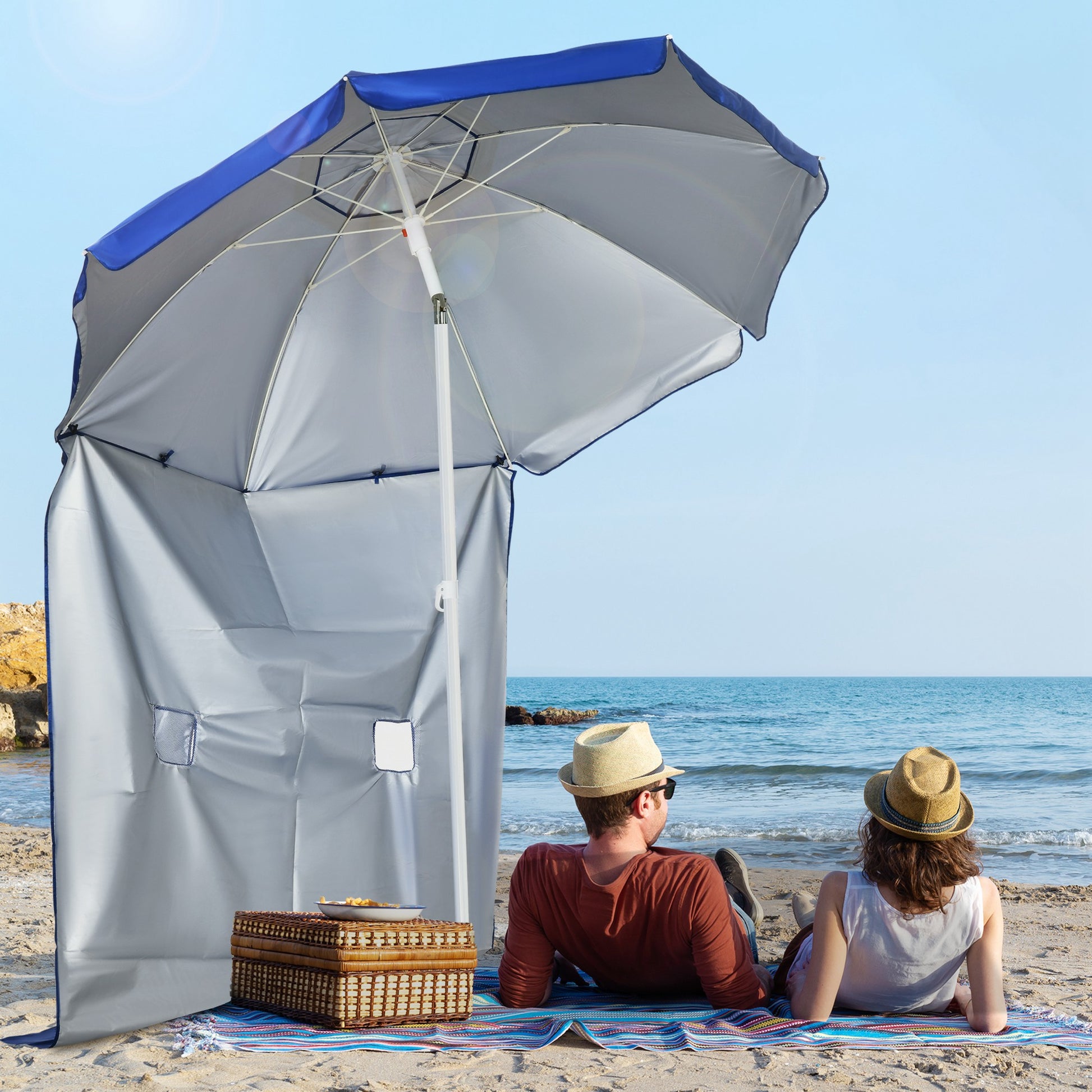 Beach Umbrella with Side Panel Ø191x211 cm Patio Umbrella with Manual Crank Tilt Canopy, 2 Pockets, and 2 Windows for Garden Pool Blue