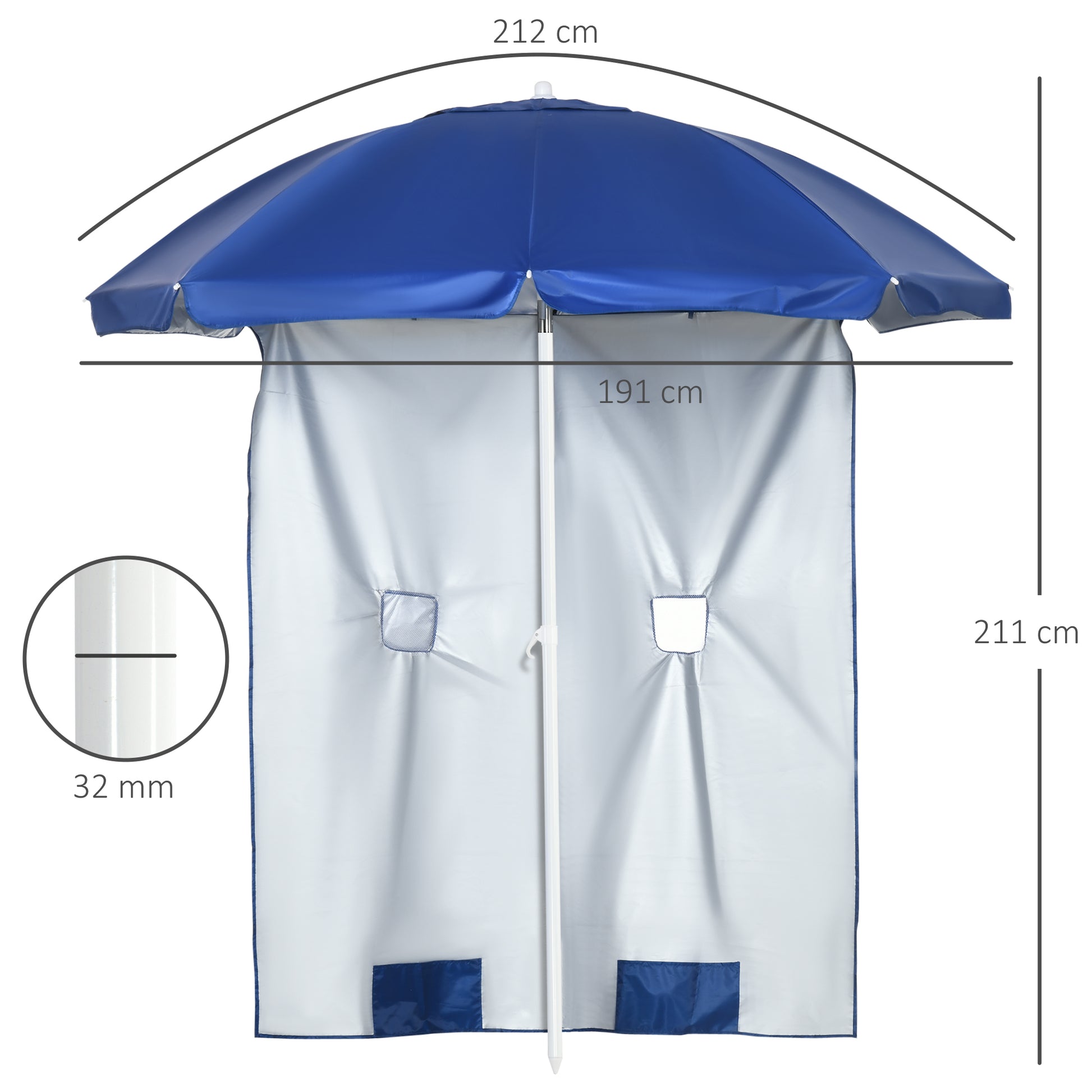 Beach Umbrella with Side Panel Ø191x211 cm Patio Umbrella with Manual Crank Tilt Canopy, 2 Pockets, and 2 Windows for Garden Pool Blue