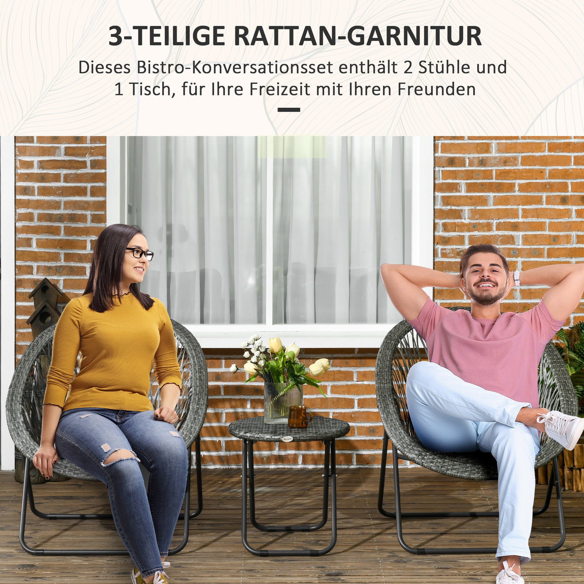 Poly Rattan Garden Furniture Set, Foldable Outdoor Seating for 2 Persons, 3-Piece Patio Furniture with 2 Chairs, Table, Weatherproof Patio Furniture for Garden, Patio, Grey