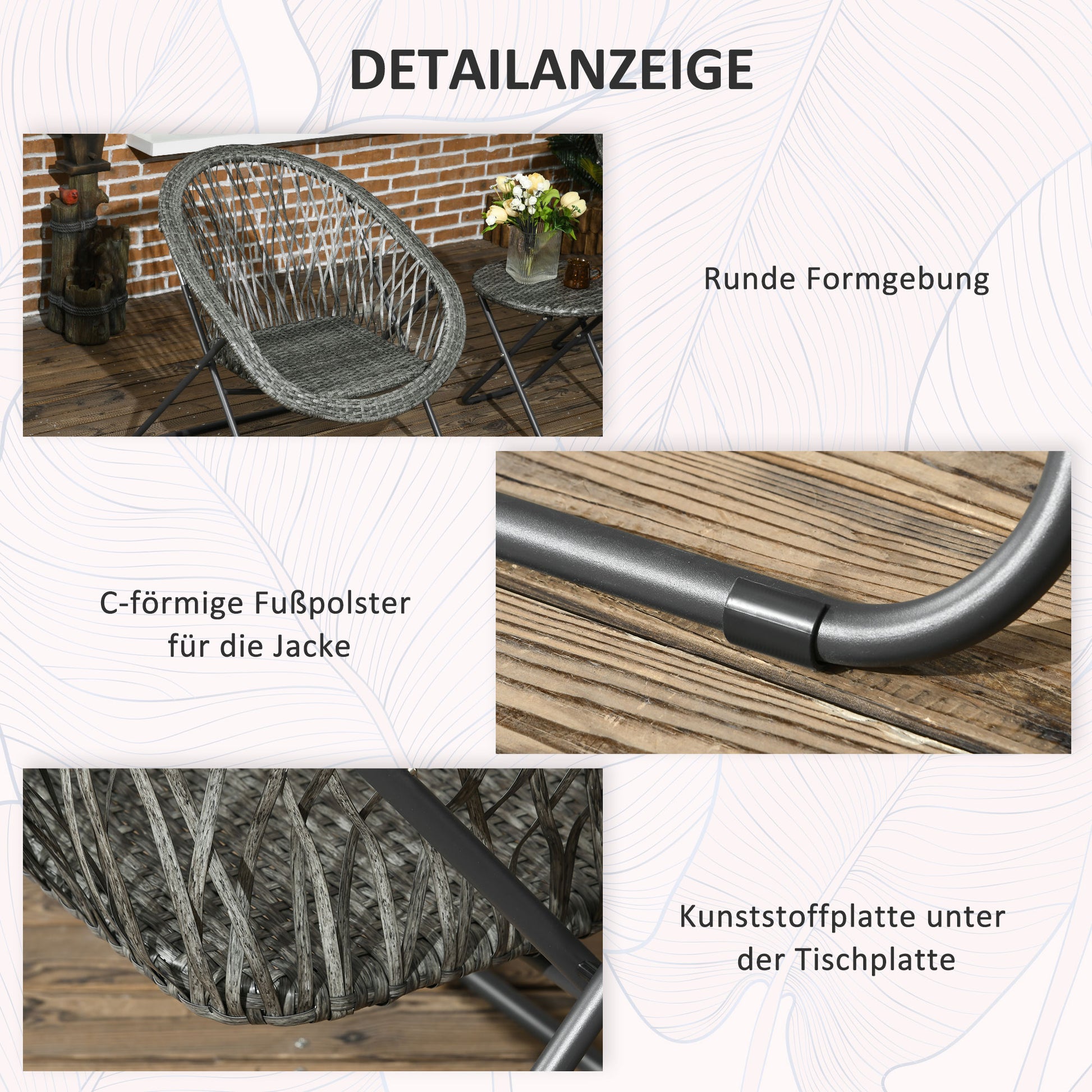 Poly Rattan Garden Furniture Set, Foldable Outdoor Seating for 2 Persons, 3-Piece Patio Furniture with 2 Chairs, Table, Weatherproof Patio Furniture for Garden, Patio, Grey