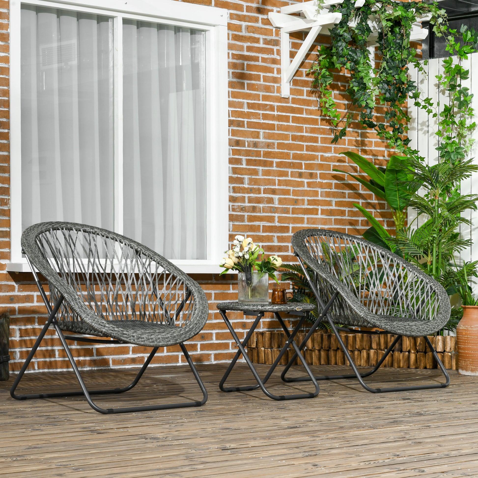 Poly Rattan Garden Furniture Set, Foldable Outdoor Seating for 2 Persons, 3-Piece Patio Furniture with 2 Chairs, Table, Weatherproof Patio Furniture for Garden, Patio, Grey
