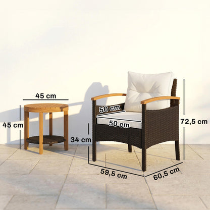 3-Piece Rattan Bistro Set – FSC Garden Furniture with 2 Armchairs, 2-Tier Acacia Wood Table, Thick Washable Cushions, Cream White