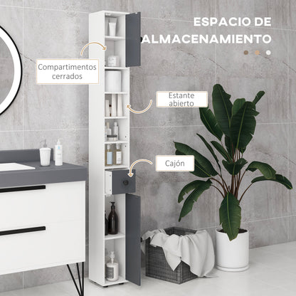 Modern Bathroom Column High Cabinet with 1 Drawer 5 Adjustable Shelves and 2 Doors Bathroom Furniture Load 30 kg 20x20x180 cm Gray