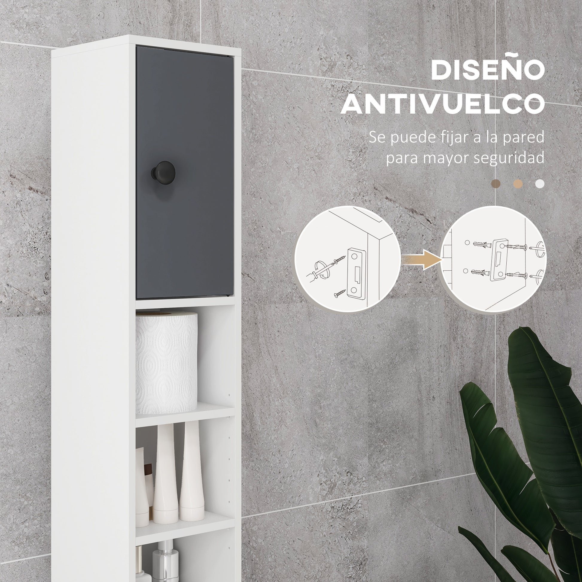 Modern Bathroom Column High Cabinet with 1 Drawer 5 Adjustable Shelves and 2 Doors Bathroom Furniture Load 30 kg 20x20x180 cm Gray