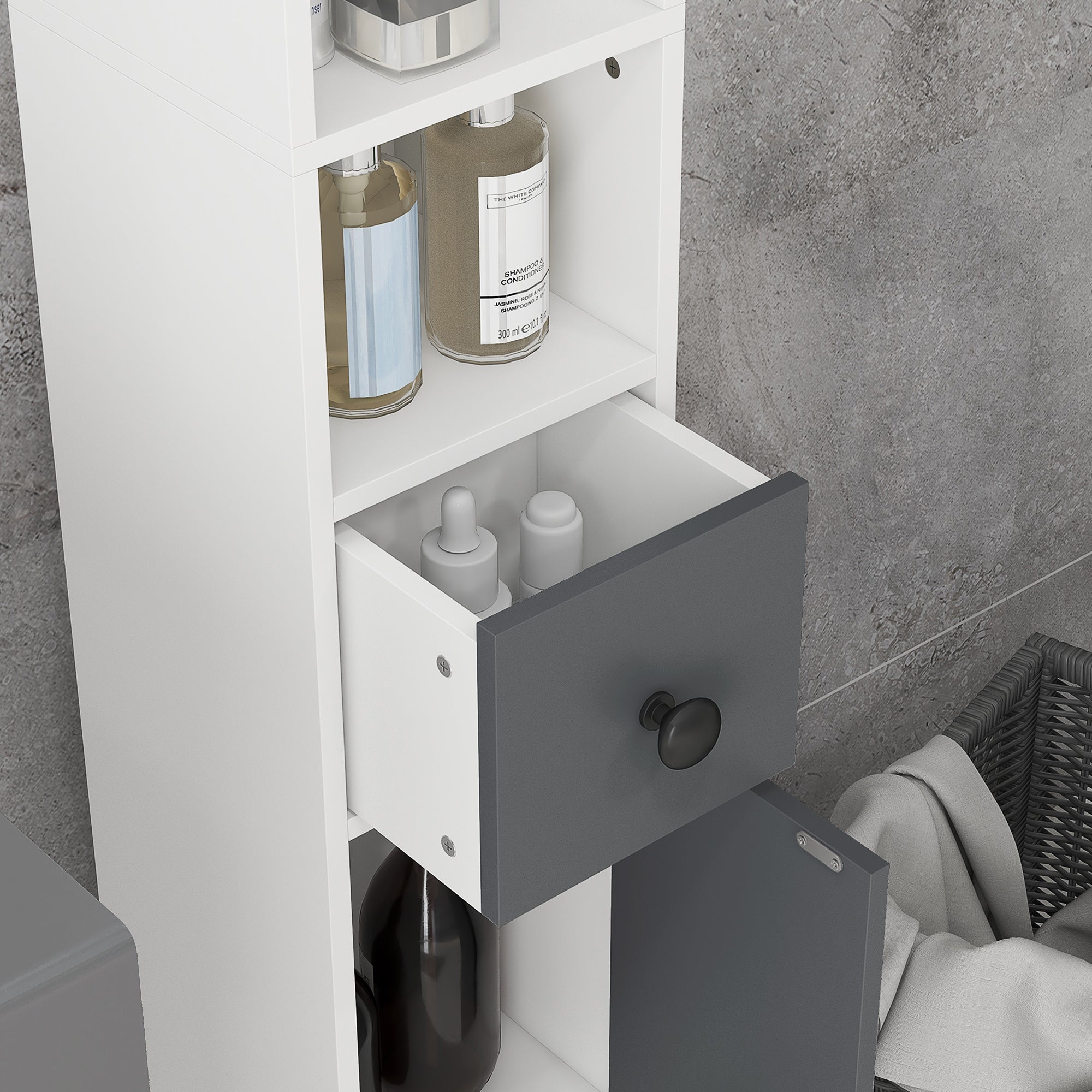 Modern Bathroom Column High Cabinet with 1 Drawer 5 Adjustable Shelves and 2 Doors Bathroom Furniture Load 30 kg 20x20x180 cm Gray