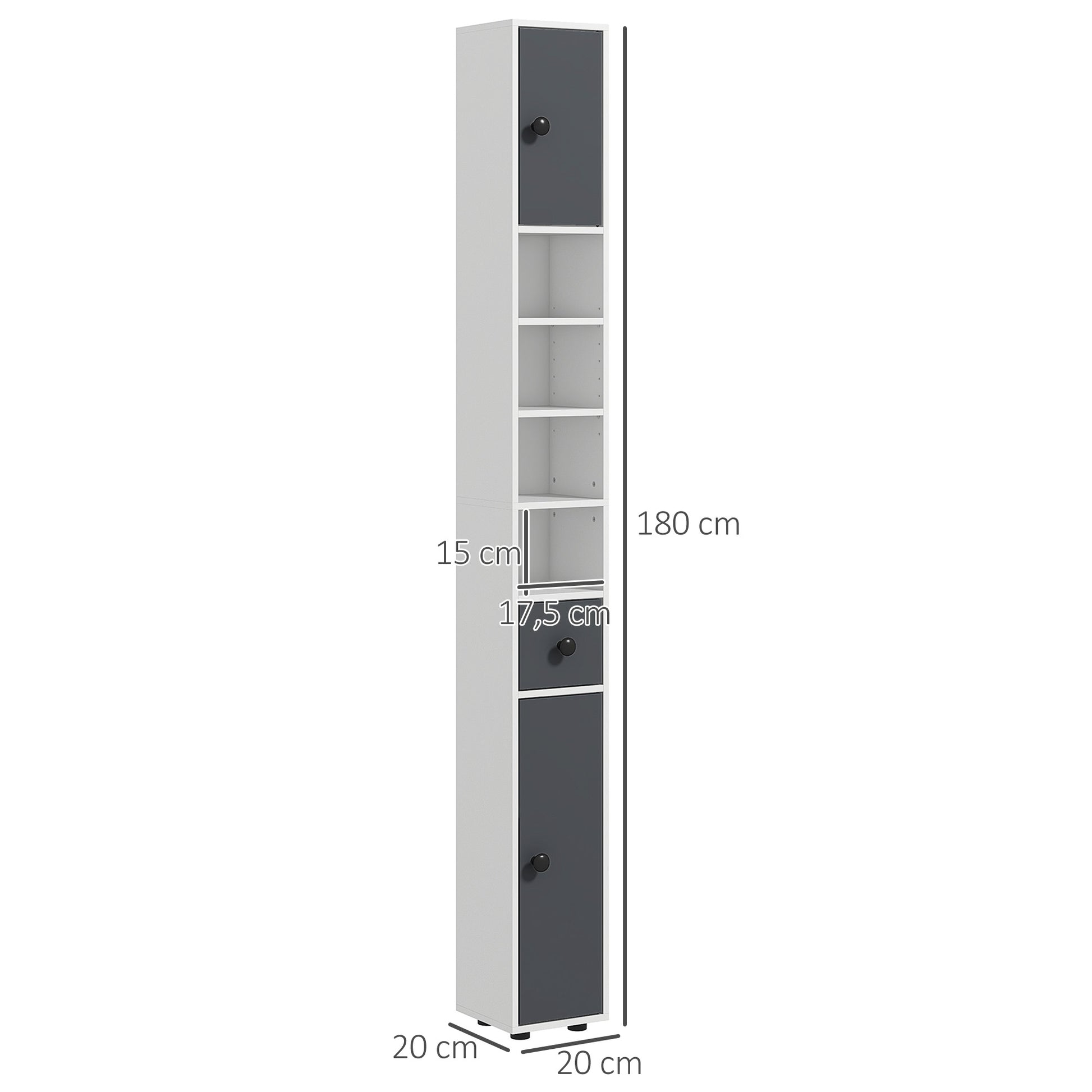 Modern Bathroom Column High Cabinet with 1 Drawer 5 Adjustable Shelves and 2 Doors Bathroom Furniture Load 30 kg 20x20x180 cm Gray