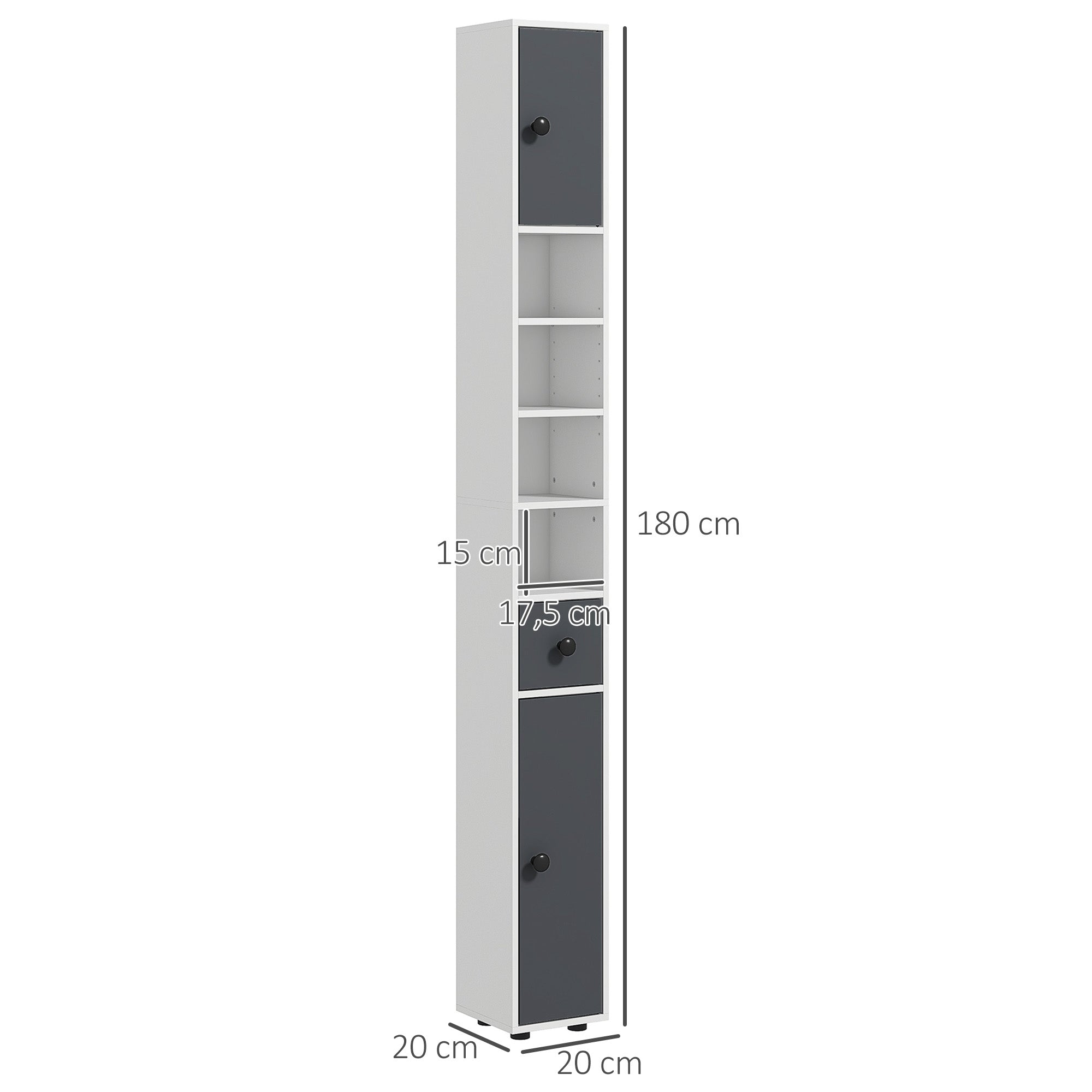 Modern Bathroom Column High Cabinet with 1 Drawer 5 Adjustable Shelves and 2 Doors Bathroom Furniture Load 30 kg 20x20x180 cm Gray