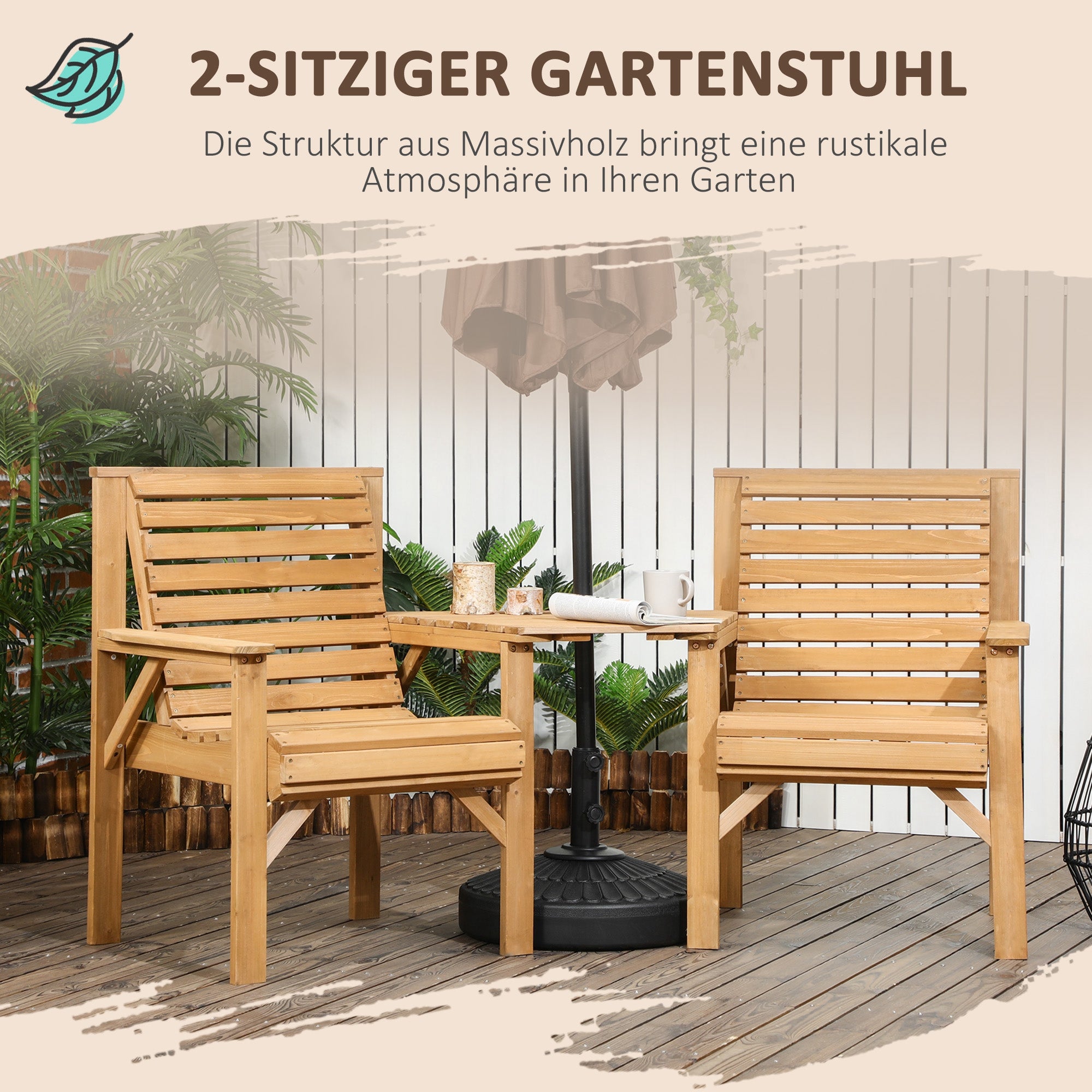 3-Piece Weatherproof Wooden Bistro Set – Slatted Design with Umbrella Hole, Brown (Pine)