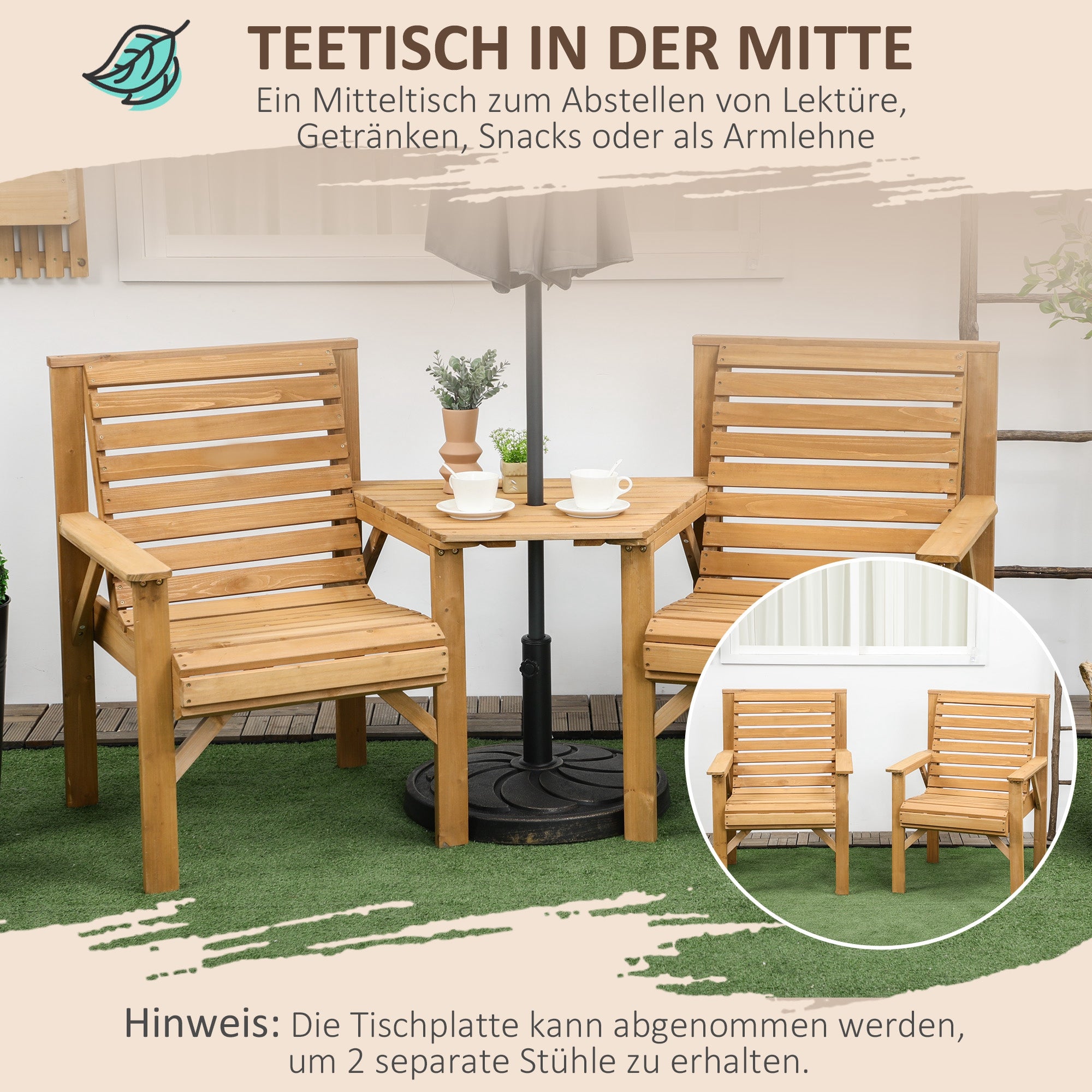 3-Piece Weatherproof Wooden Bistro Set – Slatted Design with Umbrella Hole, Brown (Pine)