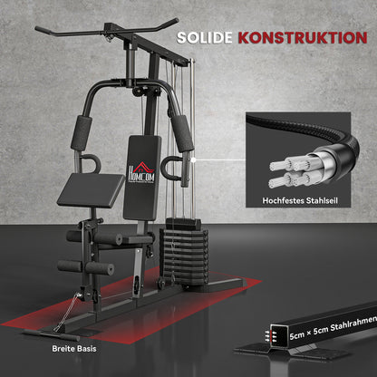 Compact Power Station, Multifunctional Fitness Station, Multi-Station with Butterfly, Bicep Curl, Pull-up, Leg Extension, 45 kg Weight Block Strength Training Black