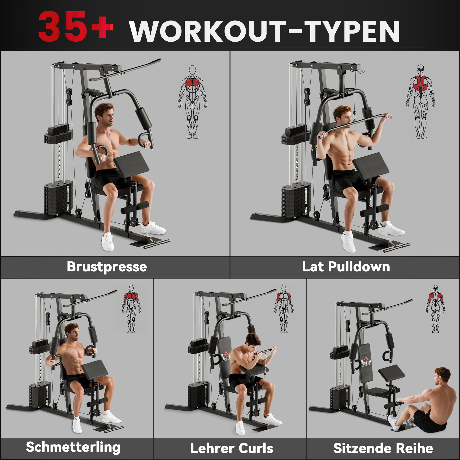 Compact Power Station, Multifunctional Fitness Station, Multi-Station with Butterfly, Bicep Curl, Pull-up, Leg Extension, 45 kg Weight Block Strength Training Black
